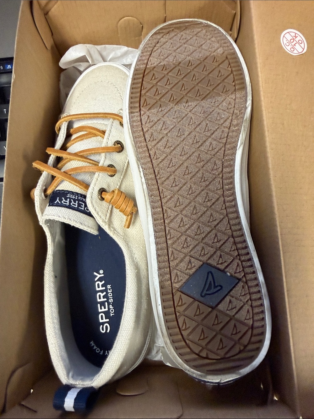 Sperry Men’s Cream Canvas Boat Shoes with Tan Laces